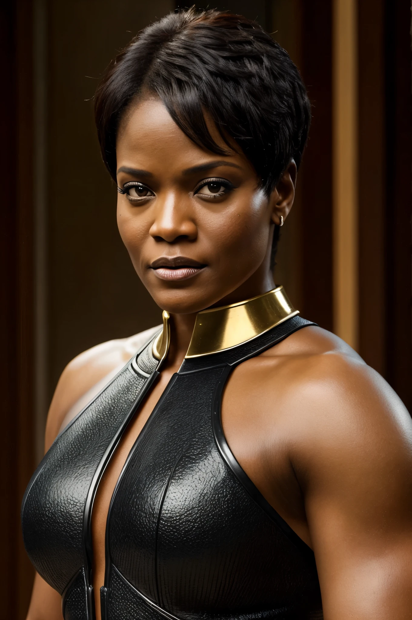Extremely gorgeous, stunning beauty, Full figured woman, heavy physique, Theresa Randle AS A WAKANDAN WARRIOR, DETAILS, GOOD SKIN, highly detailed, skin pores, sharp focus, amazing details,