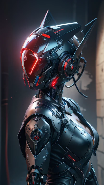 obra maestra, mejor calidad, a closeup of a futuristic looking cyborg girl with a fantastic cyber helmet head with red triangular LED lights and a halo, vestido con una chaqueta Techwear negra, cuerpo entero fondo blanco