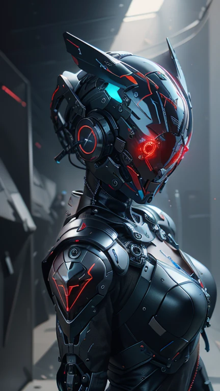 obra maestra, mejor calidad, a closeup of a futuristic looking cyborg girl with a fantastic cyber helmet head with red triangular LED lights and a halo, vestido con una chaqueta Techwear negra, cuerpo entero fondo blanco