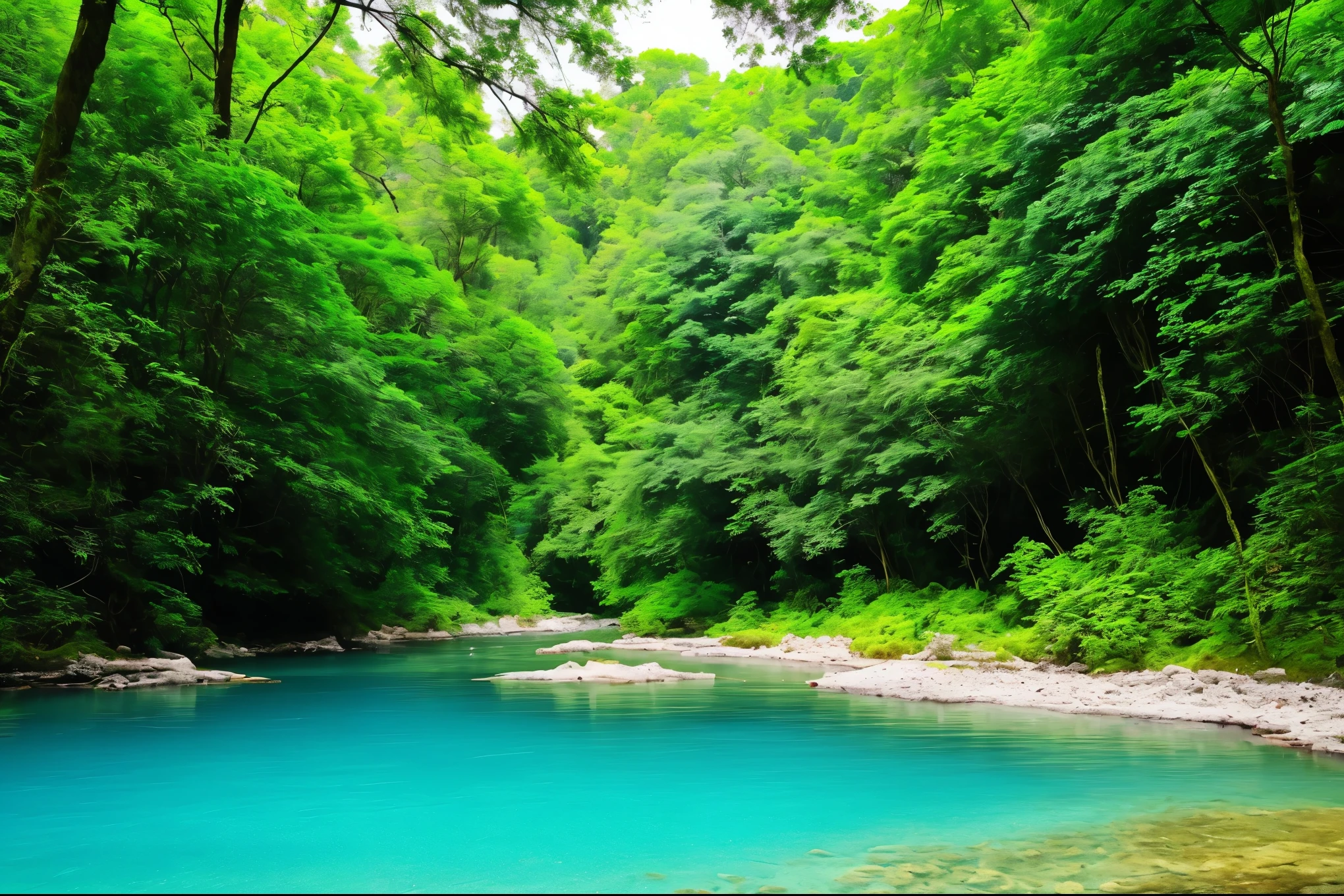  river with stunning water, peaceful and serene, blue and green water, beautiful place, very close to real nature, beautiful environment, green waters, mystical forest lagoon, magical environment, underground lake, beautiful nature, very very beautiful scenery, peaceful environment, very beautiful scenery