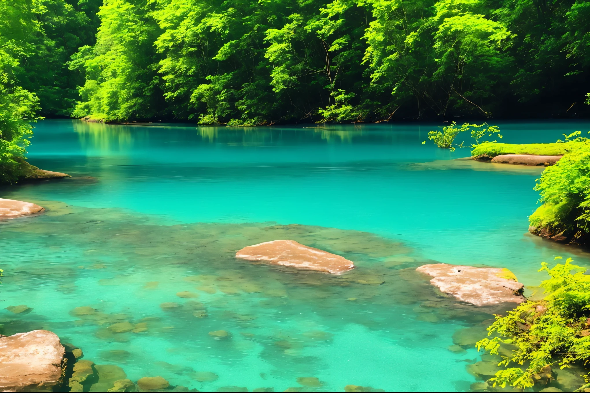 river with stunning water, peaceful and serene, blue and green water, beautiful place, very close to real nature, beautiful environment, green waters, mystical forest lagoon, magical environment, underground lake, beautiful nature, very very beautiful scenery, peaceful environment, very beautiful scenery