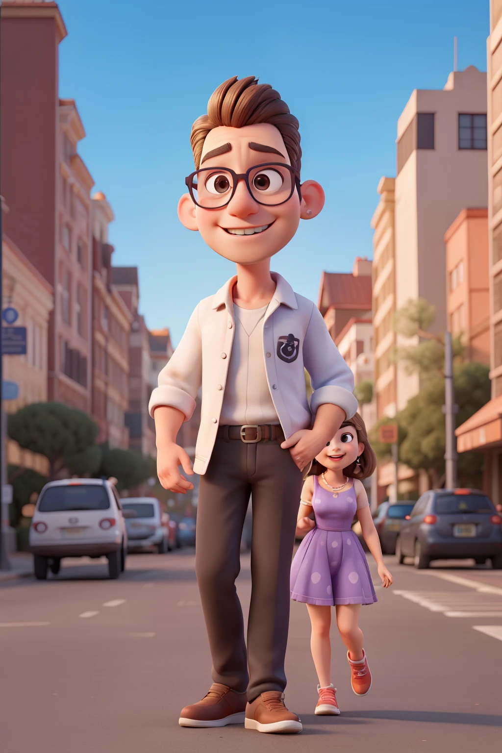 Pixar Disney movie poster in 3D style featuring a man with a fit body, dark blonde hair slicked back, barba curta, em traje formal preto. Uma mulher de pele negra com cabelo preto liso, round glasses and nose piercing and earrings, em um vestido preto comprido. Bright city scenery with happy couple walking down the street, de corpo inteiro. aspect ratio 16:9