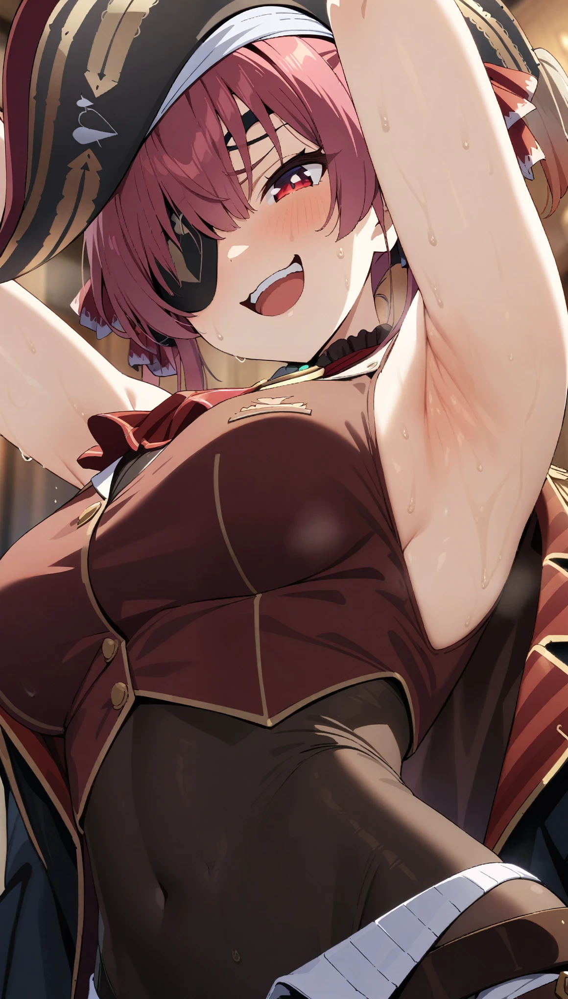 (masterpiece:1.2), hyper detail, best quality, (intricate_details:1.1), beautiful detailed, beautiful hair, solo, 1girl,((ANIME COLORING)),marine_pirate, hair ribbon, red ascot, belt, leotard under clothes, covered navel, black leotard, sleeveless, black coat, pirate hat, eyepatch, red eyes,blurry_background,sweating,greasy shoulder,from below,looking side,flipped hair,armpit,greasy armpit,from side, shoulder focus,((armpit focus)),bare shoulder,upper body,((greasy armpit)),((smooth armpit)),((Pupil details)),backlighting,((Stretch oneself)),((Detailed armpit)),((elastic armpit)),((soft armpit)),pov,looking at viewer,evil smile,open mouth,((red sleeveless expose waist shirt))