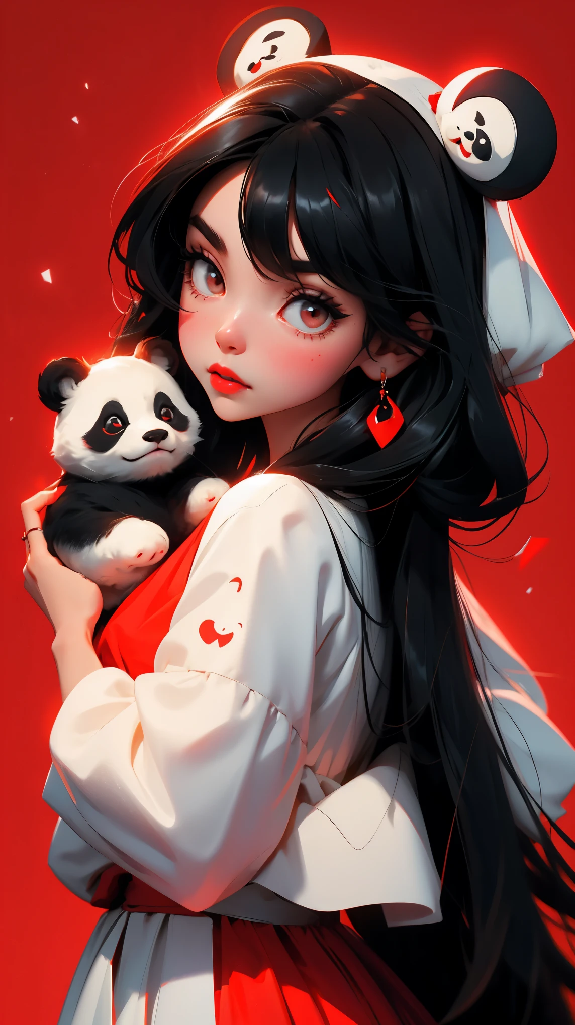 girl with long black hair and beautiful white dress, red lips, cute little panda in her hands, red background