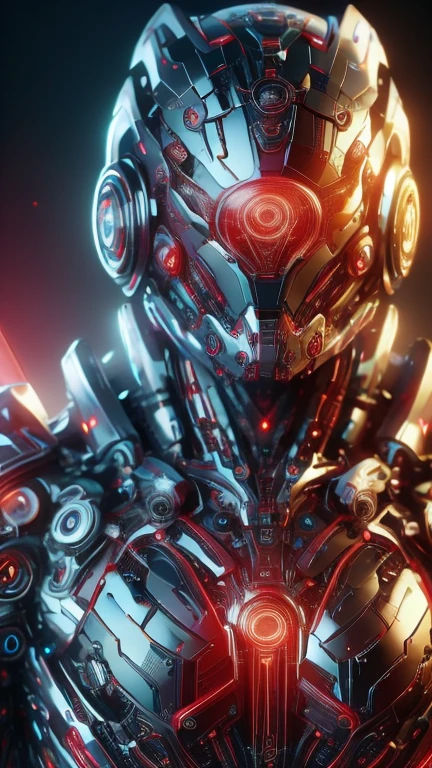 obra maestra, mejor calidad, a closeup of a futuristic looking cyborg girl with a fantastic cyber helmet head with red triangular LED lights and a halo, vestido con una chaqueta Techwear negra, cuerpo entero fondo blanco