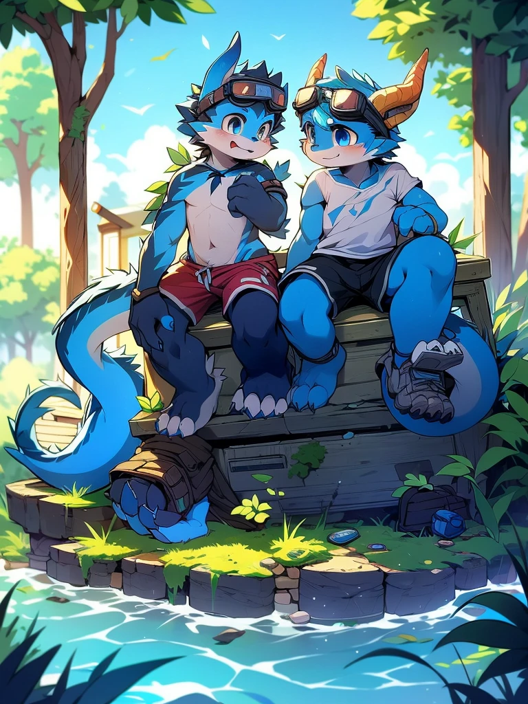 Chinese dragon boy，Gray fur，Topless, mammal, hairy，Aqua blue eyes，Blue and black gradient swimming trunks quality，black fingerless gloves，goggles，laboratory，barefoot，inventor，Dragon Horn