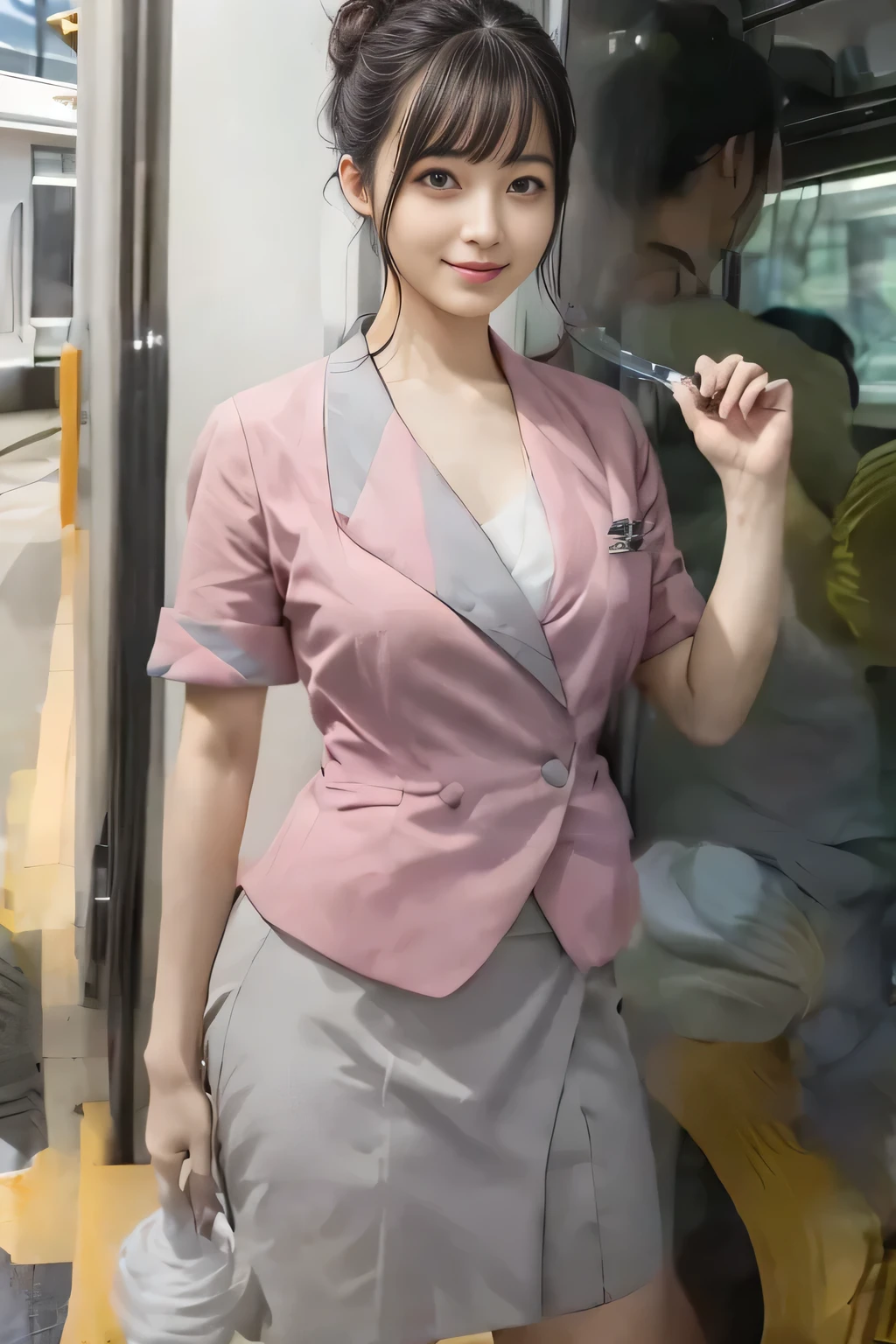 (masterpiece:1.2, highest quality:1.2), 32K HDR, High resolution, (alone、1 girl)、(On the rooftop of a building in the daytime、Professional Lighting)、Building rooftop background、(Nankai train crew uniform pinkを着たリアルスタイル)、(Nankai train crew uniform pink short sleeve pink jacket、Nankai Train Crew Uniform Pink Collarless Short Sleeve Blouse、Nankai Train Crew Uniform Pink Grey Knee-length Culottes)、Dark brown hair、(Hair tied up、Hair Bun、Hair Bun)、Dark brown hair、Long Shot、Big Breasts、Thin legs、((Great hands:2.0)),((Harmonious body proportions:1.5)),((Normal limbs:2.0)),((Normal finger:2.0)),((Delicate eyes:2.0)),((Normal eyes:2.0)))、smile、(Nankai Train Crew Uniform Pink Grey Knee-length Culottesを見せた美しい歩く姿)、Keep your hands natural、