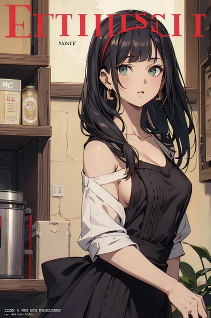 (small breasts:1.3), (perky chest:1.1), (pointed chest:1.0), (fashion magazine cover:1.3),(from below:1.0),(from side:0.9),masterpiece, 1girl, Amazing Cleavage:1.1, thin waist, big ass, Raised sexy, small breast: 1.3, posed cleavage:1.2、solo, looking at viewer, open mouth, have a cute grass of cute beergrass,black hair, dark green eyes, dress, bare shoulders, jewelry, collarbone, sidelocks, hairband, earrings, indoors, off shoulder, :o, sweater, arms behind back, plant, short hair with long locks, gild hairband, off-shoulder dress, sweater dress, off-shoulder sweater, red sweater, dark gord hair, big side hair, very long side hair,is rendered in (masterpiece: 1.2, best quality), with (ultra high resolution) and an exquisite (depth of field). This masterpiece is not only visually stunning but also tells,A scene of cooking in the kitchen by classroom
