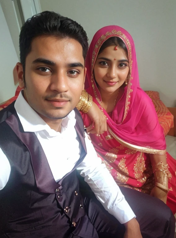 they are dressed in traditional attire and posing for a picture, wedding photo, lovely couple, wedding, by Riza Abbasi, official photos, very clear picture, khyzyl saleem, ruan ji, couple, wife, inspired by Riza Abbasi, traditional clothes, wearing traditional garb, kyza saleem, happy couple, traditional clothing
