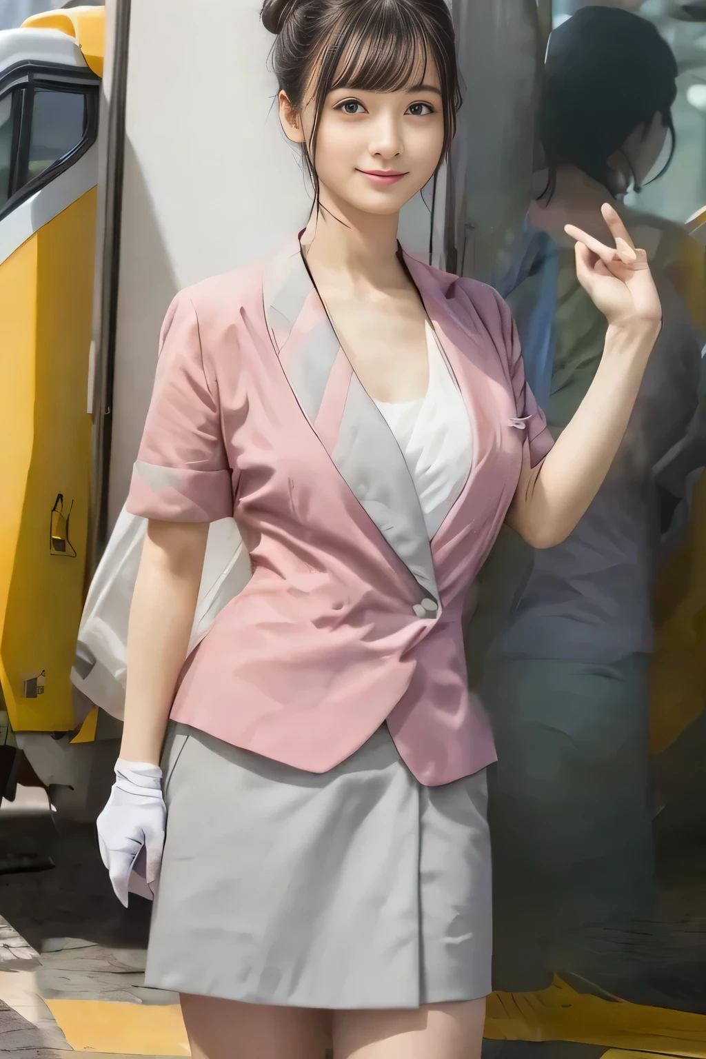 (masterpiece:1.2, highest quality:1.2), 32K HDR, High resolution, (alone、1 girl)、（On the rooftop of a building in the daytime、Professional Lighting）、Building rooftop background、（Nankai train crew uniform pinkを着たリアルスタイル）、（Nankai train crew uniform pink short sleeve pink jacket、Nankai Train Crew Uniform Pink Collarless Short Sleeve Blouse、Nankai Train Crew Uniform Pink Grey Knee-length Culottes）、Dark brown hair、（Hair tied up、Hair Bun、Hair Bun）、Dark brown hair、Long Shot、Big Breasts、Thin legs、（（Great hands：2.0）），（（Harmonious body proportions：1.5）），（（Normal limbs：2.0）），（（Normal finger：2.0）），（（Delicate eyes：2.0）），（（Normal eyes：2.0））)、smile、（Nankai Train Crew Uniform Pink Grey Knee-length Culottesを見せた美しい歩く姿）、Keep your hands natural、