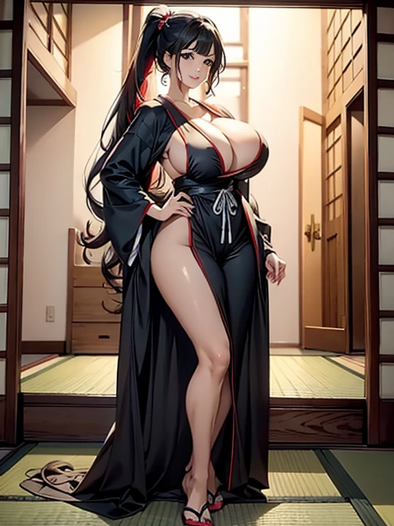 Japanese women, pony tail, black hair,Very long hair, curly hair, curly hair, super huge gigantic enormous oversized heavy flexible sagging bosom, black nightgown, bright red hair,Very long hair, curly hair, masterpiece, smile, nerd, without makeup, japanese , super detail, masterpiece, smooth detail, less pixelated, high quality, high resolution,,masterpiece, smile, nerd, without makeup, japanese Black shorts, super detail, masterpiece, ultra detail, less pixelated, high quality, high resolution, japanese beautiful lady, very beautiful face, mature female, realistic photo, master pieces, high quality, super real detailed, perfect anatomy, cool, ,gigantic chest, massive chest, gigantic breasts, massive breasts full body (NSFW breasts), hdri, extremely naked, nude, nua, pelada, nsfw, gigantic breast 1.9, no half legs