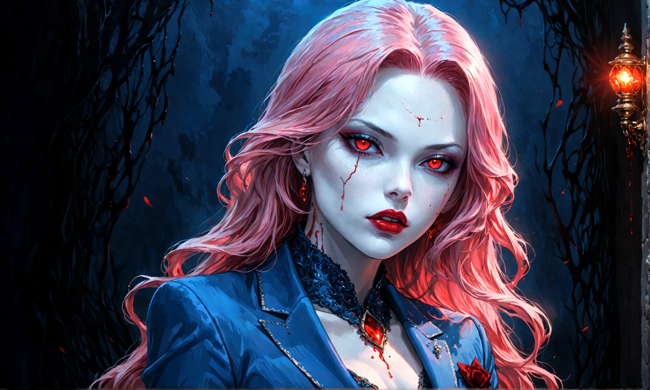 Arafed, dark fantasy art, glamour shot, award winning, a portrait of a single female vampire, pink hair, long hair, red lips, glowing eyes, dynamic color, she wears, an elegant (blue suit: 1.5), blood dripping from lips, 6k, ultra detailed, masterpiece, best quality, (extremely detailed),