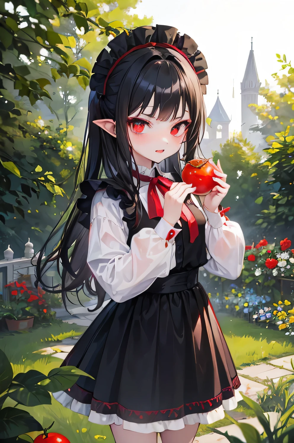 A young vampire girl with protruding fangs pouts, standing in the garden and holding a tomato in her hand, Best quality, masterpiece