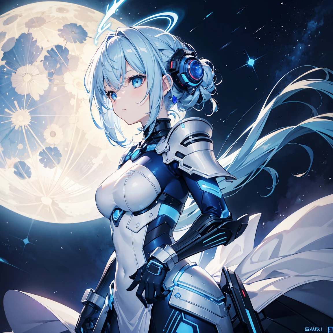 8k, highest quality, (real:1.4), Original photo, 1 girl, Asari Hair, Biological Amplifier, refined armor, posture: Peace talks between warring factions,attention arousal, smart blue eyes,Blue big moon and blue light swirl in the background,Blue halo,