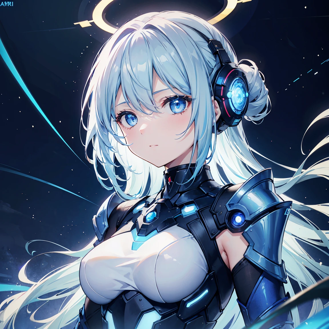 8k, highest quality, (real:1.4), Original photo, 1 girl, Asari Hair, Biological Amplifier, refined armor, posture: Peace talks between warring factions,attention arousal, smart blue eyes,Blue big moon and blue light swirl in the background,Blue halo,

