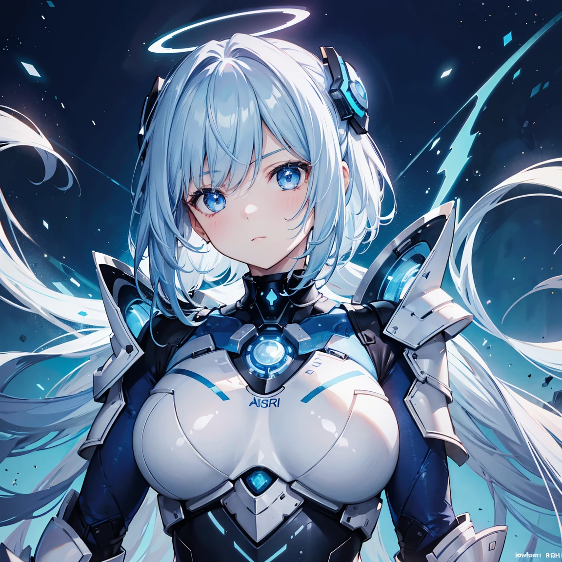 8k, highest quality, (real:1.4), Original photo, 1 girl, Asari Hair, Biological Amplifier, refined armor, posture: Peace talks between warring factions,attention arousal, smart blue eyes,Blue big moon and blue light swirl in the background,Blue halo,
