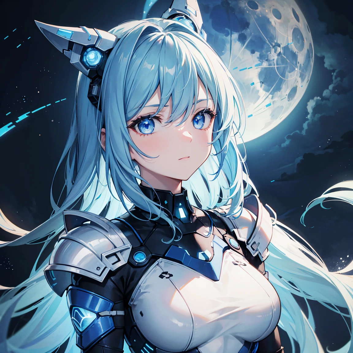 8k, highest quality, (real:1.4), Original photo, 1 girl, Asari Hair, Biological Amplifier, refined armor, posture: Peace talks between warring factions,attention arousal, smart blue eyes,Blue big moon and blue light swirl in the background,Blue halo,
