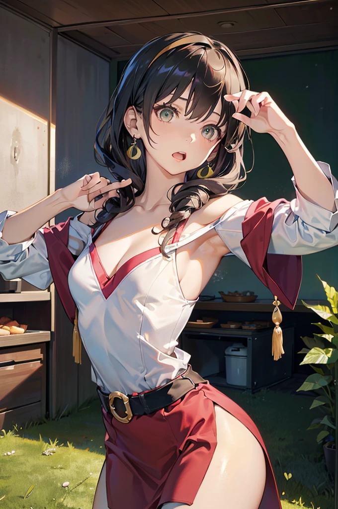 (small breasts:1.3), (perky chest:1.1), (pointed chest:1.0), (fashion magazine cover:1.3),(from below:1.0),(from side:0.9),masterpiece, 1girl, Amazing Cleavage:1.1, thin waist, big ass, Raised sexy, small breast: 1.3, posed cleavage:1.2、solo, looking at viewer, open mouth, have a cute grass of cute beergrass,black hair, dark green eyes, dress, bare shoulders, jewelry, collarbone, sidelocks, hairband, earrings, indoors, off shoulder, :o, sweater, arms behind back, plant, short hair with long locks, gild hairband, off-shoulder dress, sweater dress, off-shoulder sweater, red sweater, dark gord hair, big side hair, very long side hair,is rendered in (masterpiece: 1.2, best quality), with (ultra high resolution) and an exquisite (depth of field). This masterpiece is not only visually stunning but also tells,A scene of cooking in the kitchen by classroom
