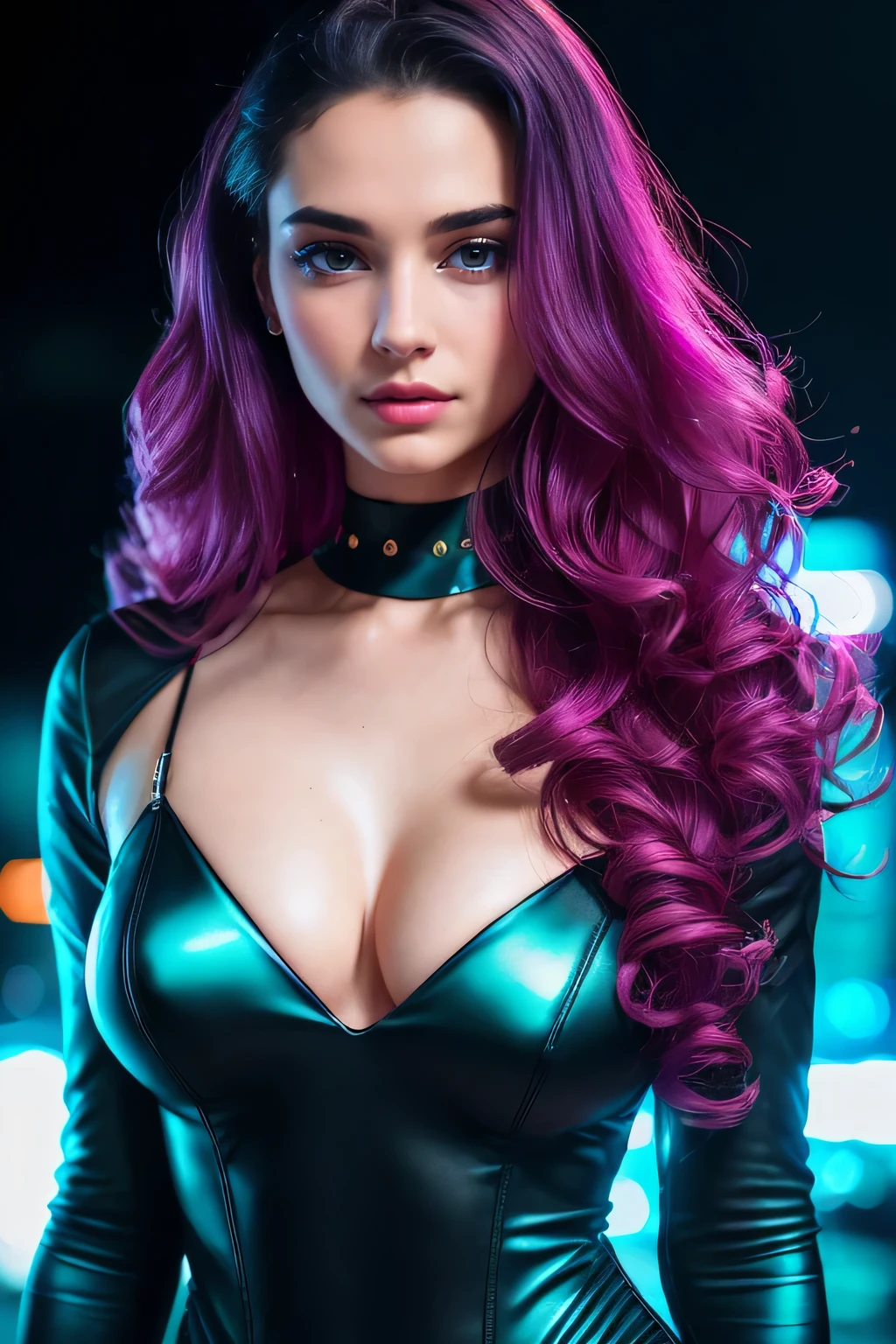amoled ultra realistic photograph of a 25 years old european girl, RAW, beautiful woman, (extra long wavy black hair), ((portrait)), ((detailed face:1.2)), ((detailed facial features)), (finely detailed skin), pale skin, (high detailed deep cleavage cyberpunk steel crop dress), neval, black background, (cold colors), damp, moist, reflections, (masterpiece) (perfect proportion)(realistic photo),(best quality), (detailed), (strong amoled magenta and cyan neon lighting), (sharp focus) (intricate)