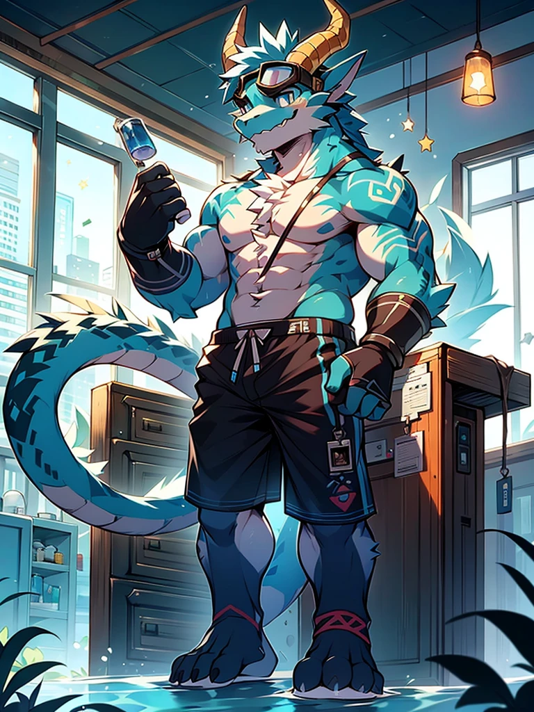 Chinese dragon boy，Gray fur，Topless, mammal, hairy，Aqua blue eyes，Blue and black gradient swimming trunks quality，black fingerless gloves，goggles，laboratory，barefoot，inventor，Dragon Horn，star tattoo