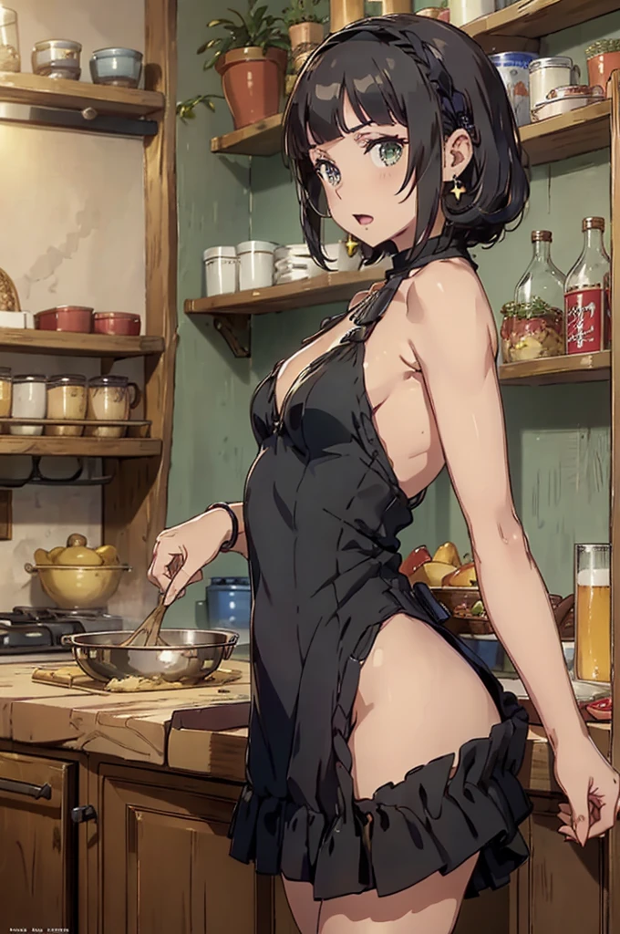 (small breasts:1.3), (perky chest:1.1), (pointed chest:1.0), (fashion magazine cover:1.3),(from below:1.0),(from side:0.9),masterpiece, 1girl, Amazing Cleavage:1.1, thin waist, big ass, Raised sexy, small breast: 1.3, posed cleavage:1.2、solo, looking at viewer, open mouth, have a cute grass of cute beergrass,black hair, dark green eyes, dress, bare shoulders, jewelry, collarbone, sidelocks, hairband, earrings, indoors, off shoulder, :o, sweater, arms behind back, plant, short hair with long locks, gild hairband, off-shoulder dress, sweater dress, off-shoulder sweater, red sweater, dark gord hair, big side hair, very long side hair,is rendered in (masterpiece: 1.2, best quality), with (ultra high resolution) and an exquisite (depth of field). This masterpiece is not only visually stunning but also tells,A scene of cooking in the kitchen by classroom