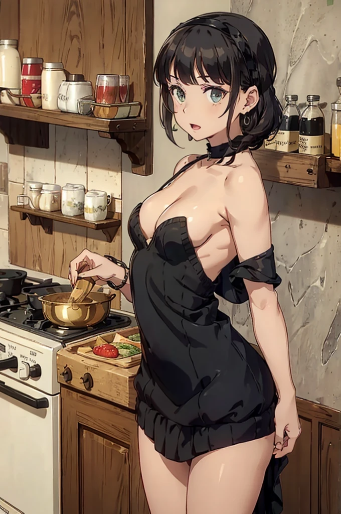 (small breasts:1.3), (perky chest:1.1), (pointed chest:1.0), (fashion magazine cover:1.3),(from below:1.0),(from side:0.9),masterpiece, 1girl, Amazing Cleavage:1.1, thin waist, big ass, Raised sexy, small breast: 1.3, posed cleavage:1.2、solo, looking at viewer, open mouth, have a cute grass of cute beergrass,black hair, dark green eyes, dress, bare shoulders, jewelry, collarbone, sidelocks, hairband, earrings, indoors, off shoulder, :o, sweater, arms behind back, plant, short hair with long locks, gild hairband, off-shoulder dress, sweater dress, off-shoulder sweater, red sweater, dark gord hair, big side hair, very long side hair,is rendered in (masterpiece: 1.2, best quality), with (ultra high resolution) and an exquisite (depth of field). This masterpiece is not only visually stunning but also tells,A scene of cooking in the kitchen by classroom