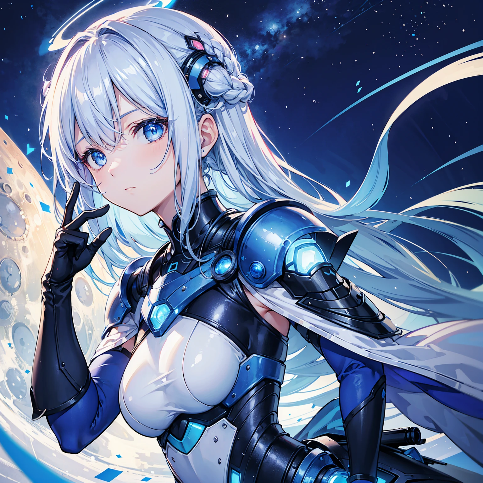 8k, highest quality, (real:1.4), Original photo, 1 girl, Asari Hair, Biological Amplifier, refined armor, posture: Peace talks between warring factions,attention arousal, smart blue eyes,Blue big moon and blue light swirl in the background,Blue halo,