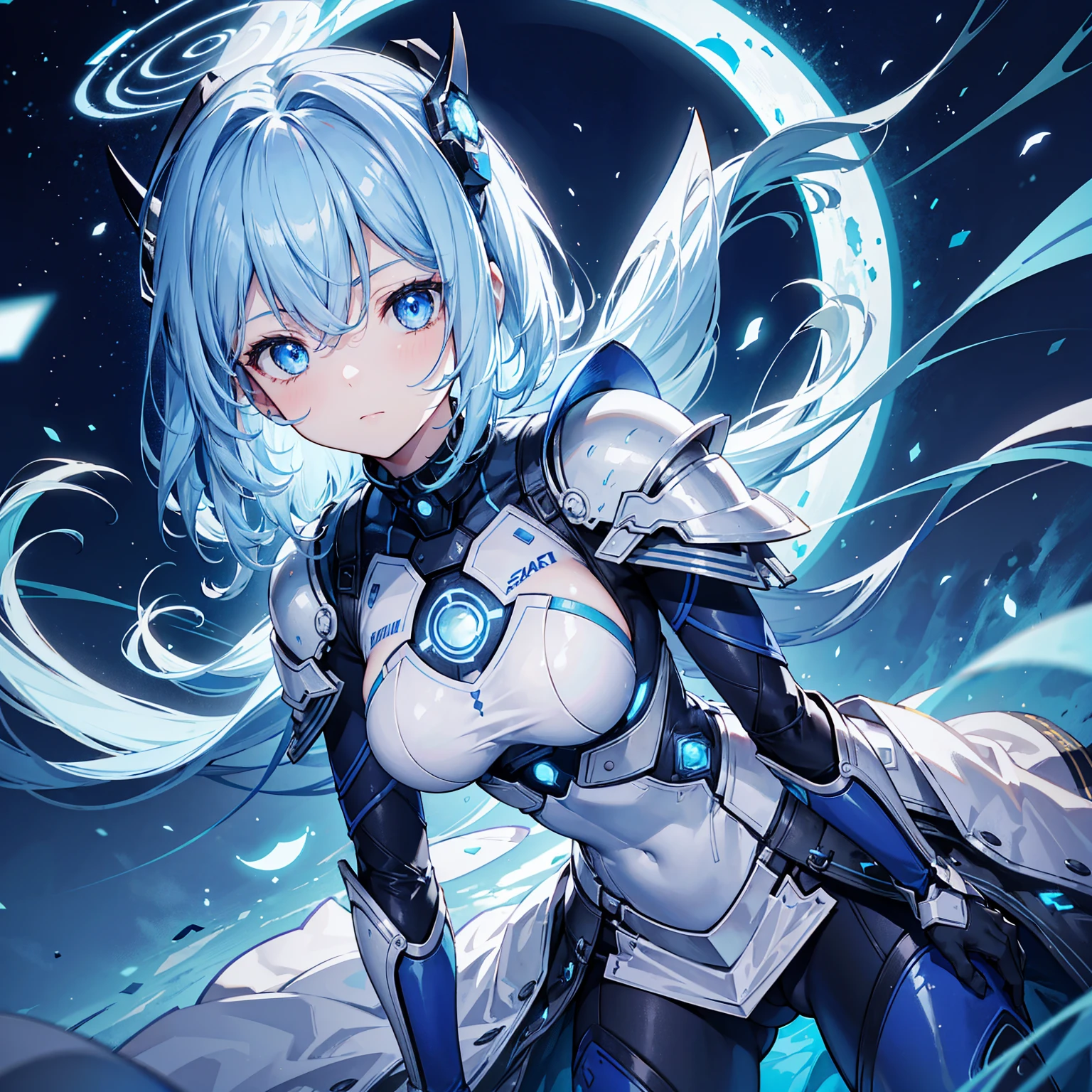 8k, highest quality, (real:1.4), Original photo, 1 girl, Asari Hair, Biological Amplifier, refined armor, posture: Peace talks between warring factions,attention arousal, smart blue eyes,Blue big moon and blue light swirl in the background,Blue halo,