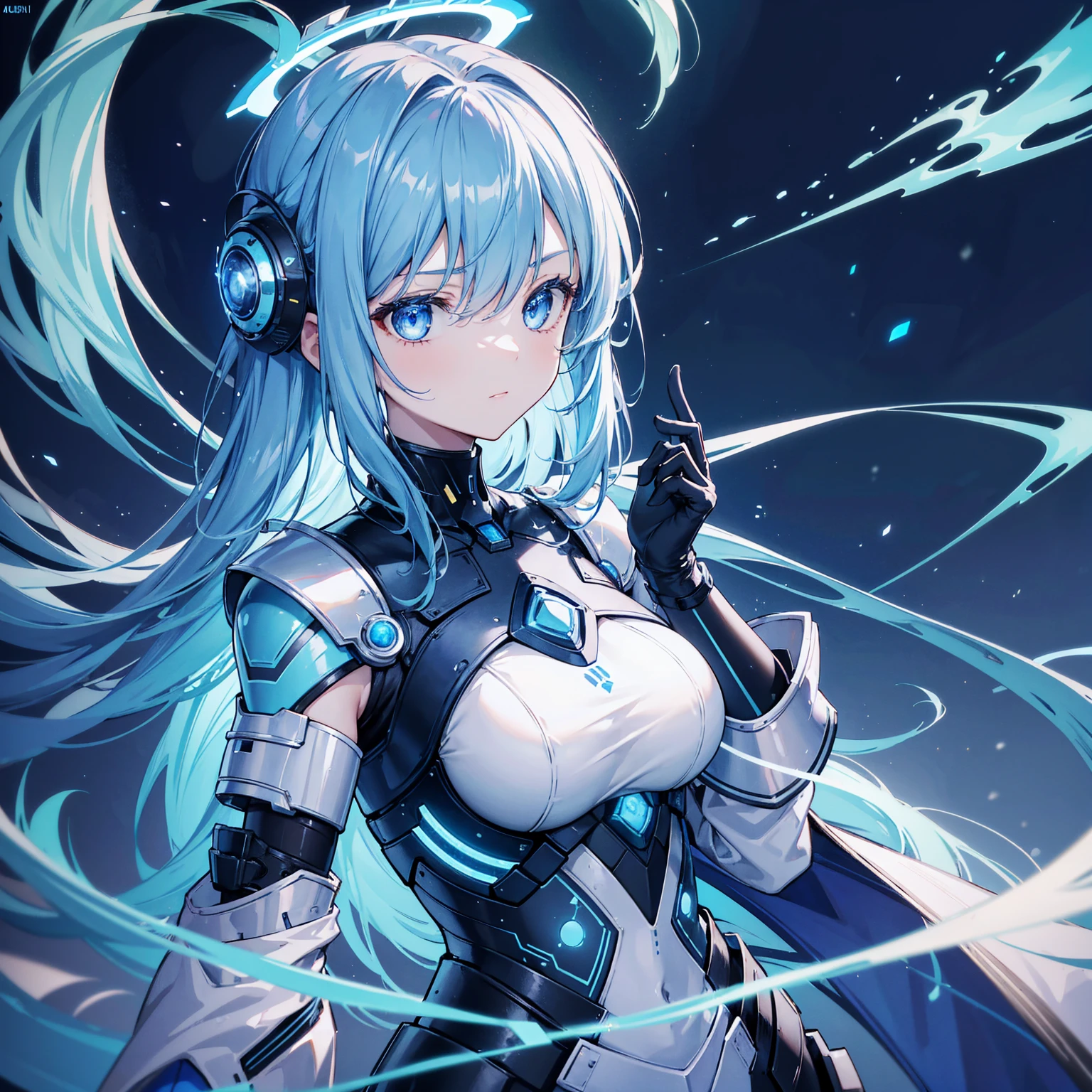 8k, highest quality, (real:1.4), Original photo, 1 girl, Asari Hair, Biological Amplifier, refined armor, posture: Peace talks between warring factions,attention arousal, smart blue eyes,Blue big moon and blue light swirl in the background,Blue halo,