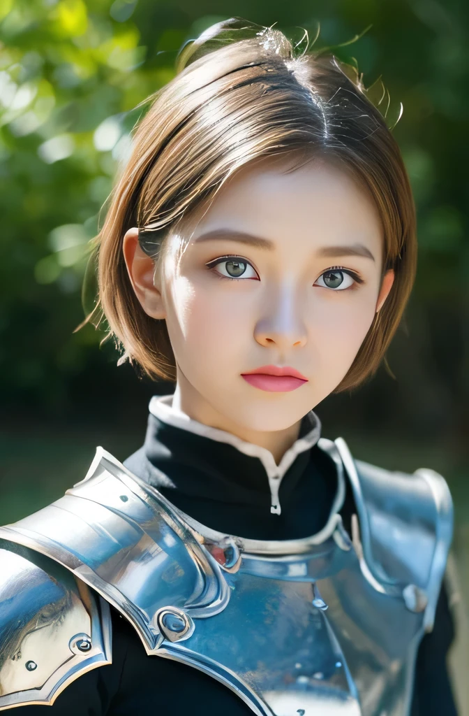 English girl,Facing the audience,Melancholy expression、Boy hairstyle、Hair completely back,The forehead is completely exposed,Fully exposed face,Young, shiny, fair, and bright skin、best look、blonde,Shine、Super short hair up、Sparkling crystal clear blue eyes、very beautiful、cute、16 year old girl、Full bust,Beautiful and delicate eyes, Beautiful and delicate nose,(( whole body:1.25)),Makeup that emphasizes the eyes、((Pleated skirt:1.3)),(A woman like Joan of Arc:1.3)、(Armor:1.3)、knight, (Equipped with sword and shield:1.2),Royal style,Comic style, , Subsurface scattering, Gorgeous details, Natural background, Surrealism, Movie, Dramatic Lighting, On the table、(Decorative Armor)、(Wearing a light ring:1.5)、ring