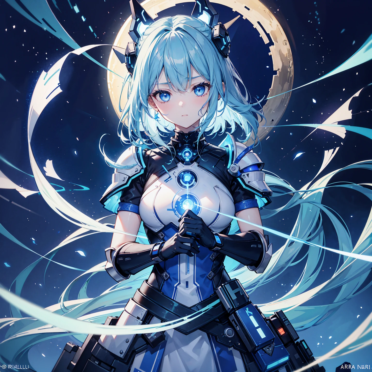 8k, highest quality, (real:1.4), Original photo, 1 girl, Asari Hair, Biological Amplifier, refined armor, posture: Peace talks between warring factions,attention arousal, smart blue eyes,Blue big moon and blue light swirl in the background,Blue halo,