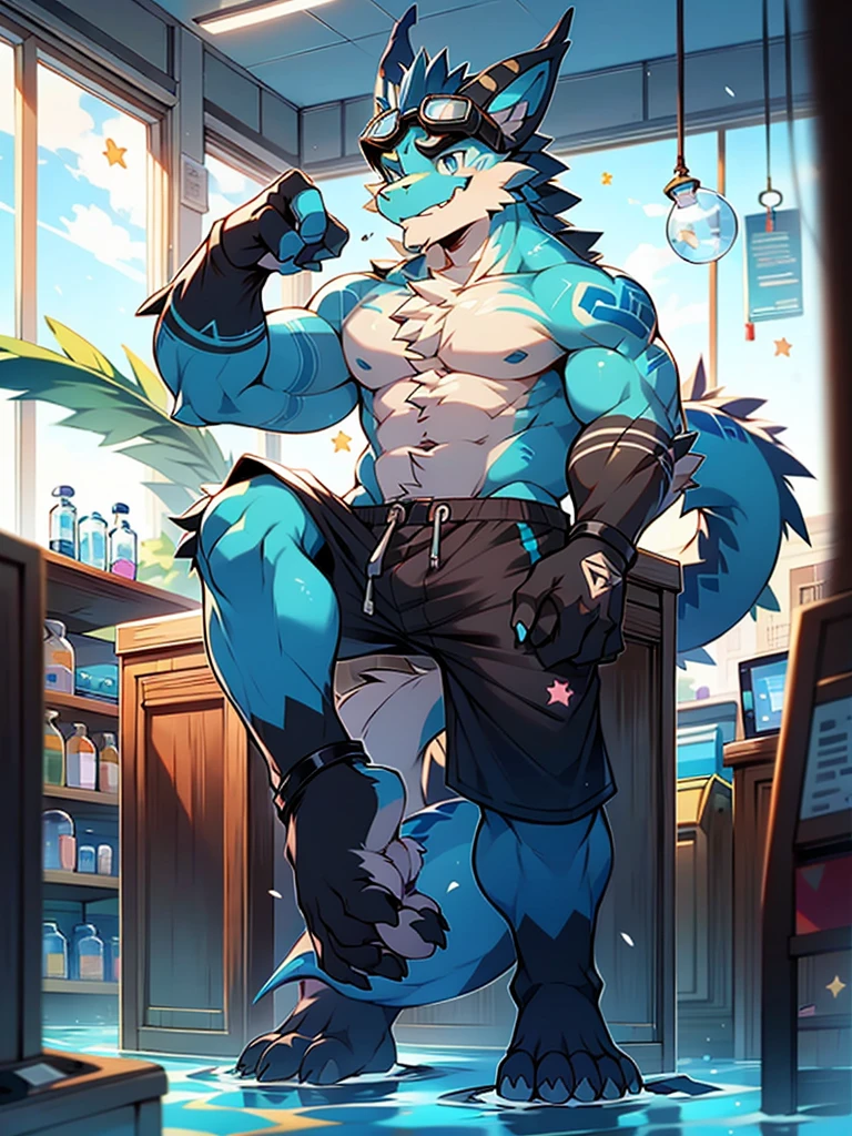 Chinese dragon boy，Gray fur，Topless, mammal, hairy，Aqua blue eyes，Blue and black gradient swimming trunks quality，black fingerless gloves，goggles，laboratory，barefoot，inventor，star tattoo