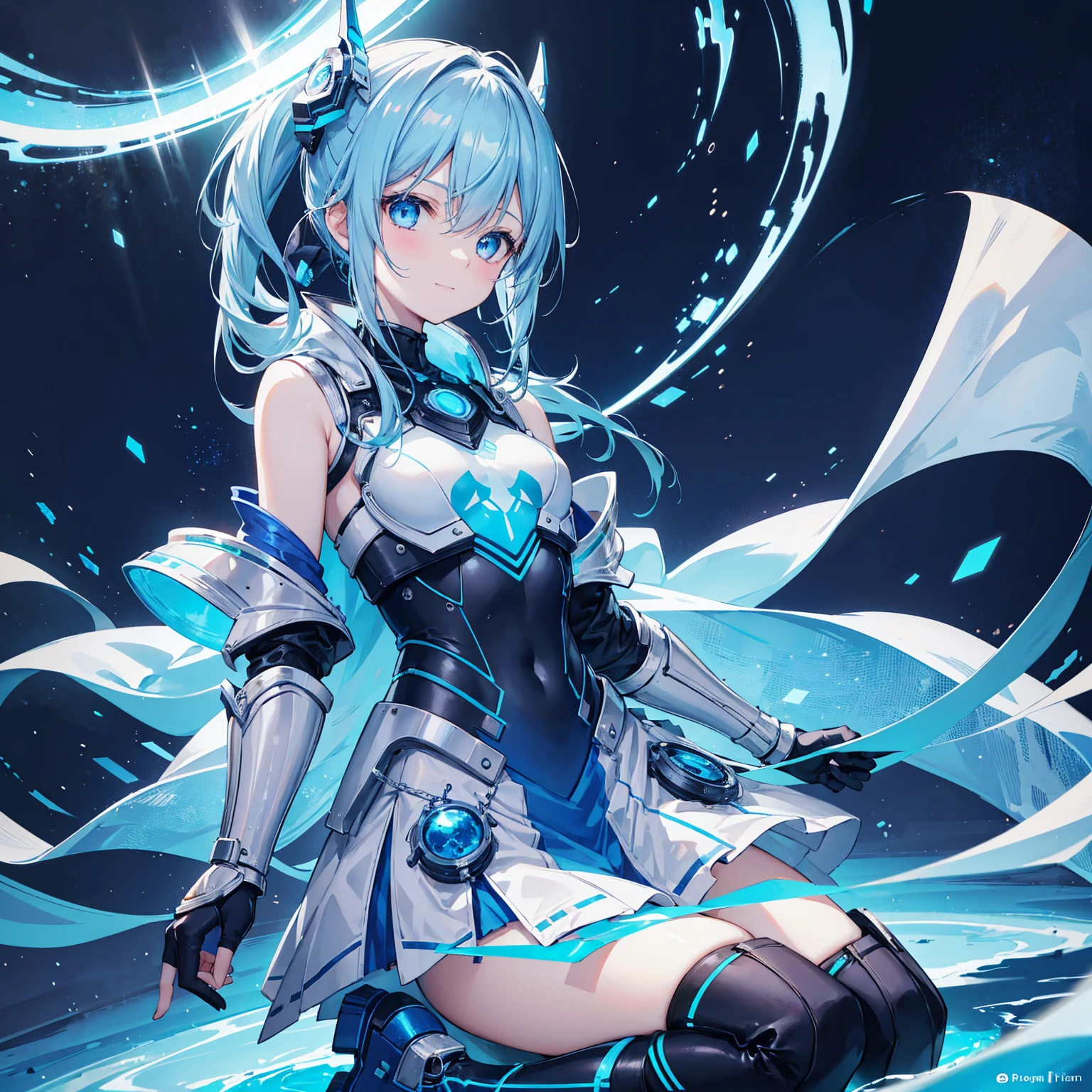 8k, highest quality, (real:1.4), Original photo, 1 girl, Asari Hair, Biological Amplifier, refined armor, posture: Peace talks between warring factions,,Attention Clever Blue Eyes,A modest smile、Knee-high boots、Blue big moon and blue light swirl in the background、Blue light from behind、blue light magic,A small, glowing blue ball in the palm of your hand