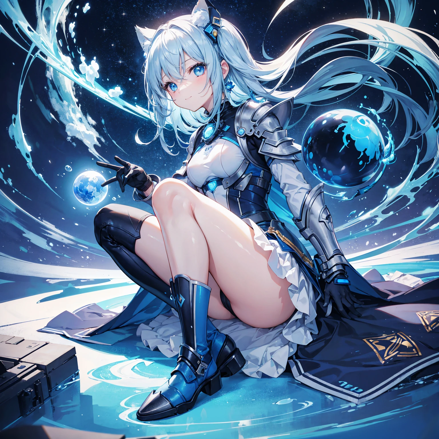 8k, highest quality, (real:1.4), Original photo, 1 girl, Asari Hair, Biological Amplifier, refined armor, posture: Peace talks between warring factions,，Attention Clever Blue Eyes,A modest smile、Knee-high boots、Blue big moon and blue light swirl in the background、Blue light from behind、blue light magic,A small, glowing blue ball in the palm of your hand