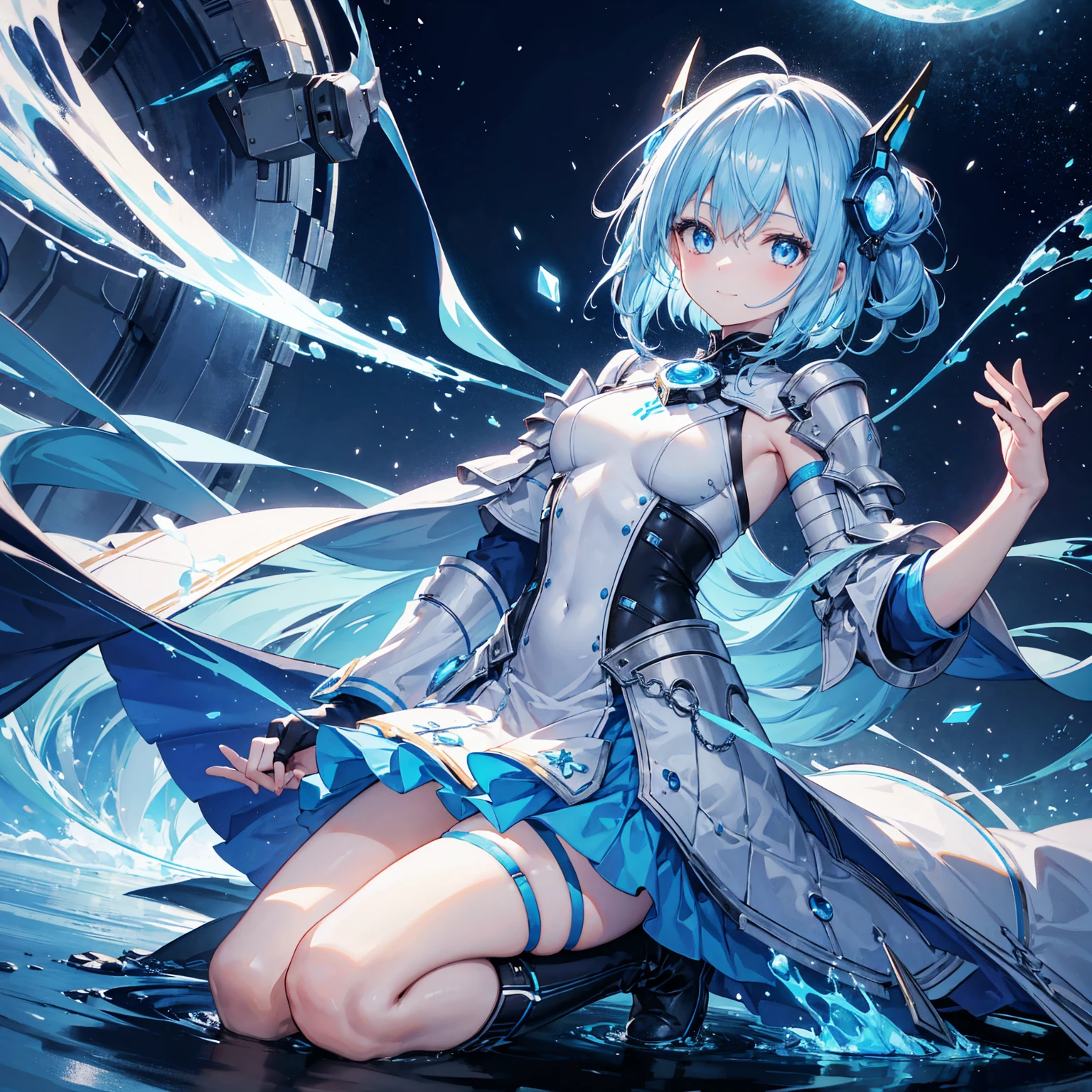 8k, highest quality, (real:1.4), Original photo, 1 girl, Asari Hair, Biological Amplifier, refined armor, posture: Peace talks between warring factions,,Attention Clever Blue Eyes,A modest smile、Knee-high boots、Blue big moon and blue light swirl in the background、Blue light from behind、blue light magic,A small, glowing blue ball in the palm of your hand