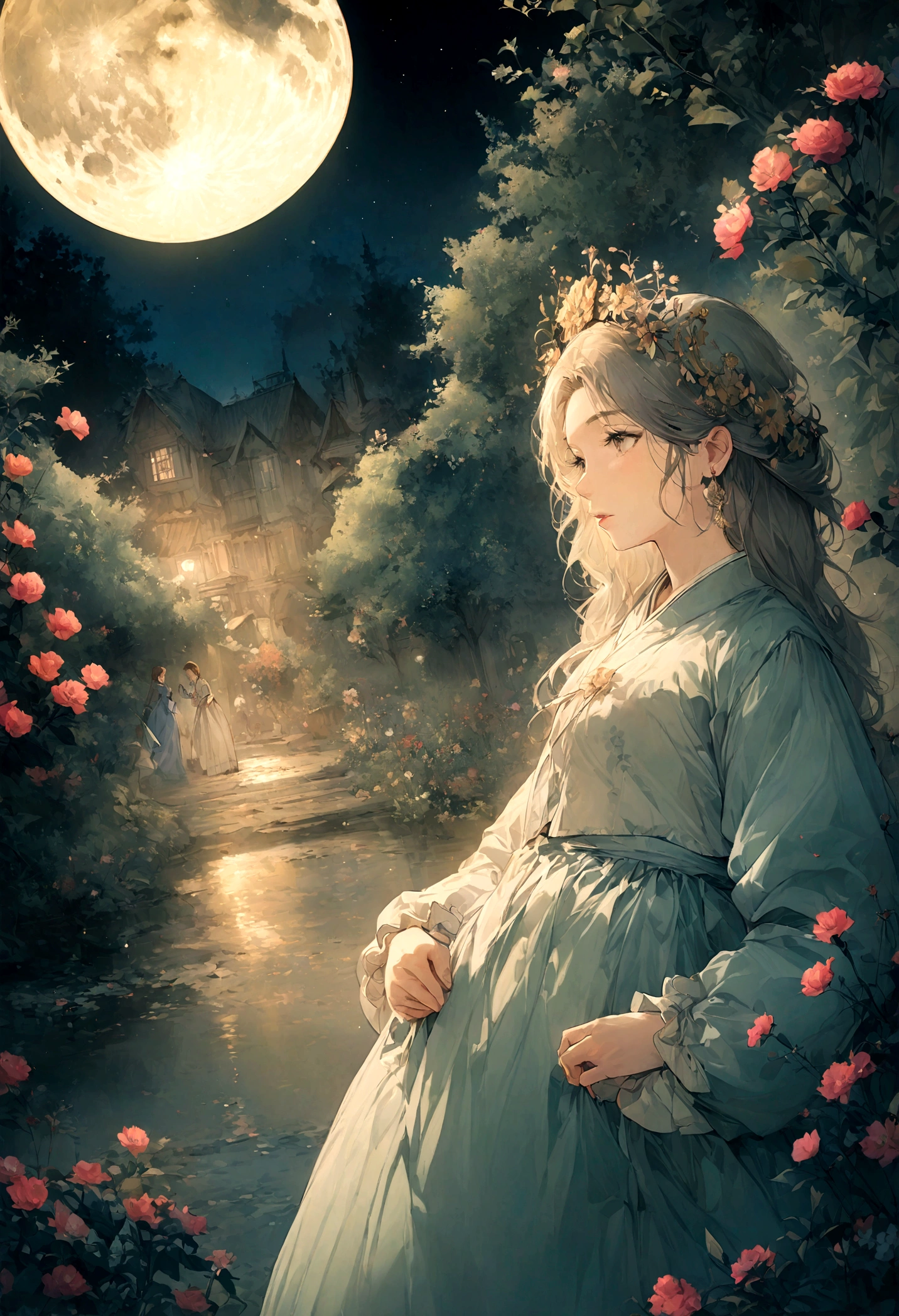 Best quality, haut_resolution, distinct_image, detailed context ,fille, Hanbok,fleur,jardin,lune, Nuit,angle hollandais, plan large, couronne,