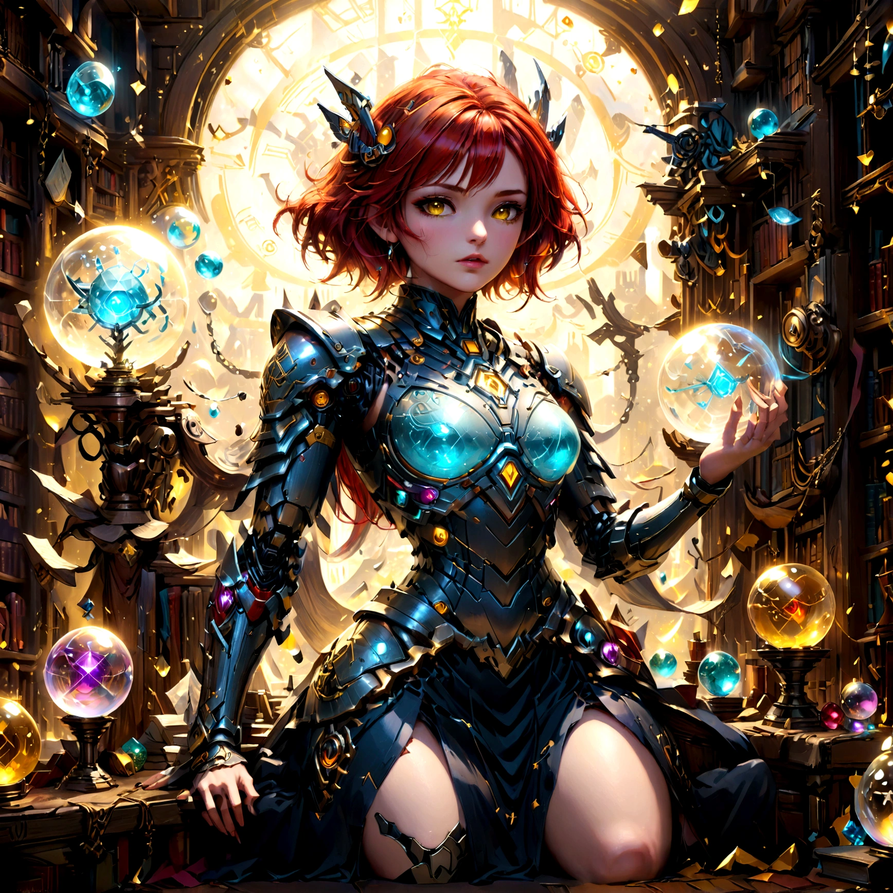 arafed, high details, best quality, 16k, [best detailed], masterpiece, best quality, (extremely detailed), a view from the rear (best details, Masterpiece, best quality), photorealistic, fantasy art, RPG art, a picture of a single1 human mecha woman sorceress sittings in her magical lab, divining distant places in her crystal ball, epic beautiful mecha human woman (best details, Masterpiece, best quality), ultra detailed face (best details, Masterpiece, best quality), red hair, short hair, red eyes, dynamic dress (best details, Masterpiece, best quality), magical library, with many books, and magical runes and wards, glowing arcane sigils GlowingRunes_paleblue, crystal ball (best details, Masterpiece, best quality) on table, runes on crystal balls GlowingRunes_yellow, fantasy magical library background (best details, Masterpiece, best quality), Ultra-Wide Angle, high detail, award winning, best quality, HD, 16K, 3D rendering, high details, best quality, highres, ultra wide angle, 3D rendering, [[anatomically correct]]