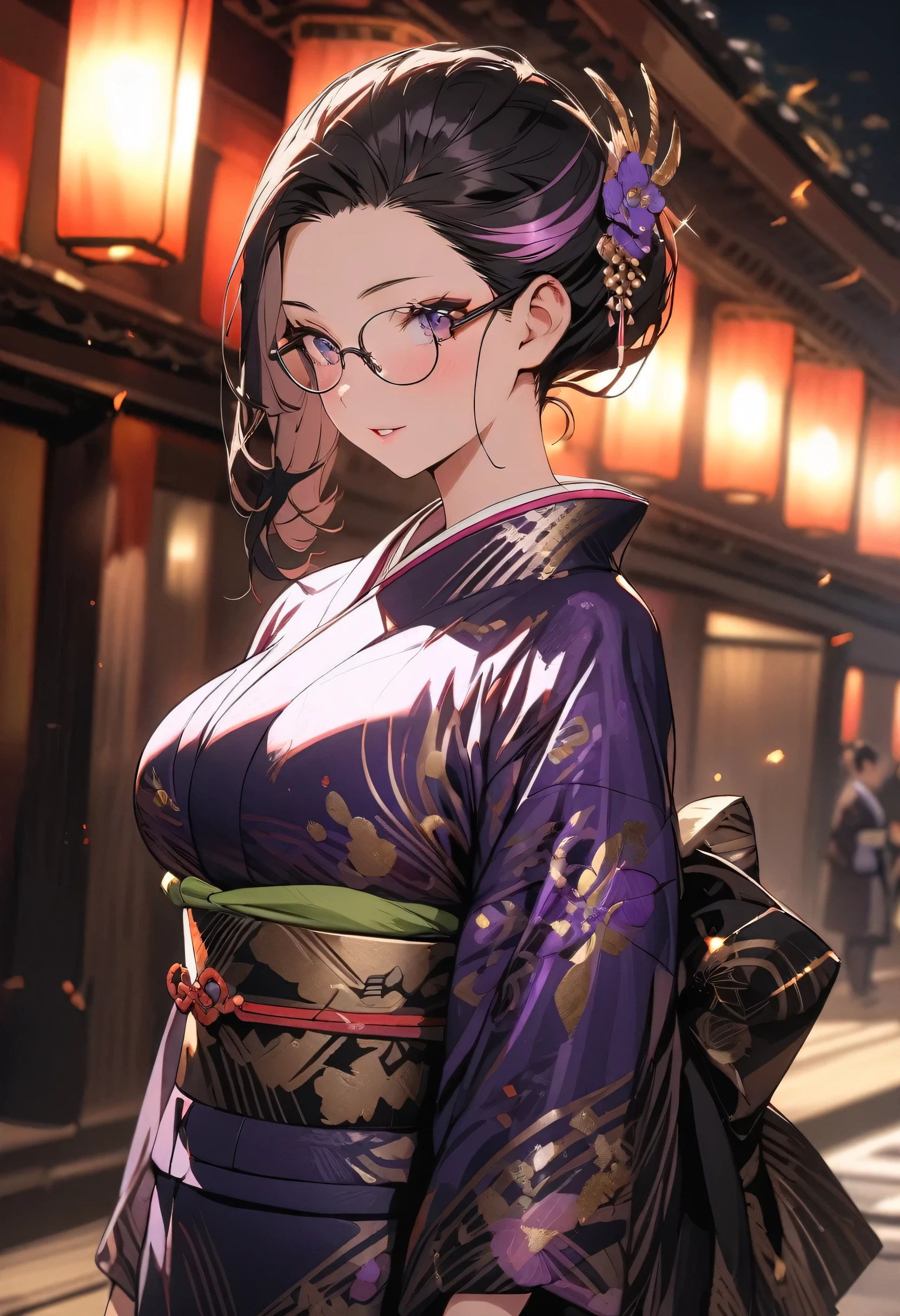 ((Top Quality)), ((Masterpiece)), (Detail), perfect face, fine eyes, depth of field, special shading, ((cowboy shot)), one beautiful girl, seductive Lips, big breasts, black hair, ((highlights hair, smoky purple streaked hair)), hair slicked back, (kimono, luxurious ornaments:1.3), glasses, anime Style, fine skin
