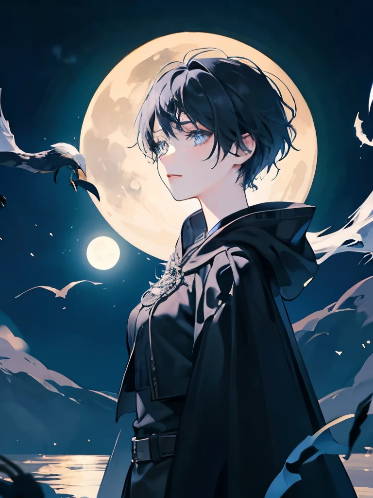 Moon Amazon, adult woman, black cloak, short black hair, masculine cut, blue eyes, moon effects