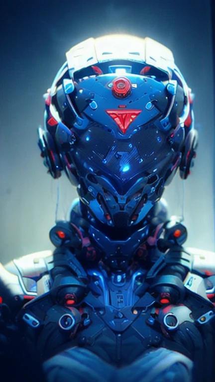 obra maestra, mejor calidad, a closeup of a futuristic looking cyborg girl with a fantastic cyber helmet head with red triangular LED lights and a halo, vestido con una chaqueta Techwear negra, cuerpo entero fondo blanco