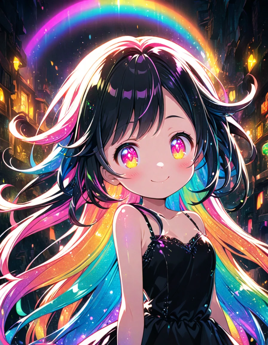 A girl with long rainbow hair, glowing rainbow eyes and an adorable smile wearing black dress, detailed anime style, fantasy illustration art, shiny glossy colorful lighting, glittery skin, glowing neon color palette, cute face --ar 3:4 --niji 6