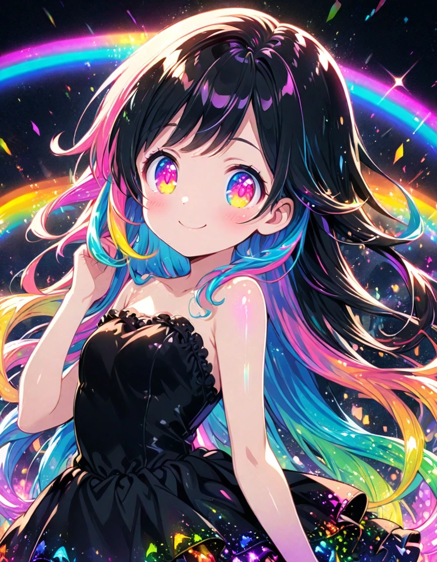 A girl with long rainbow hair, glowing rainbow eyes and an adorable smile wearing black dress, detailed anime style, fantasy illustration art, shiny glossy colorful lighting, glittery skin, glowing neon color palette, cute face --ar 3:4 --niji 6