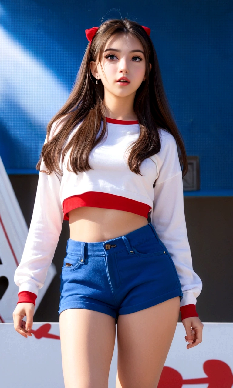araffe girl in a white and red shirt and blue shorts, physical : tinyest midriff ever, exposed midriff, wearing a crop top, red velvet, beautiful midriff, her belly button is exposed, tinyest midriff ever, wearing crop top, wearing a sexy cropped top, wearing a cropped top