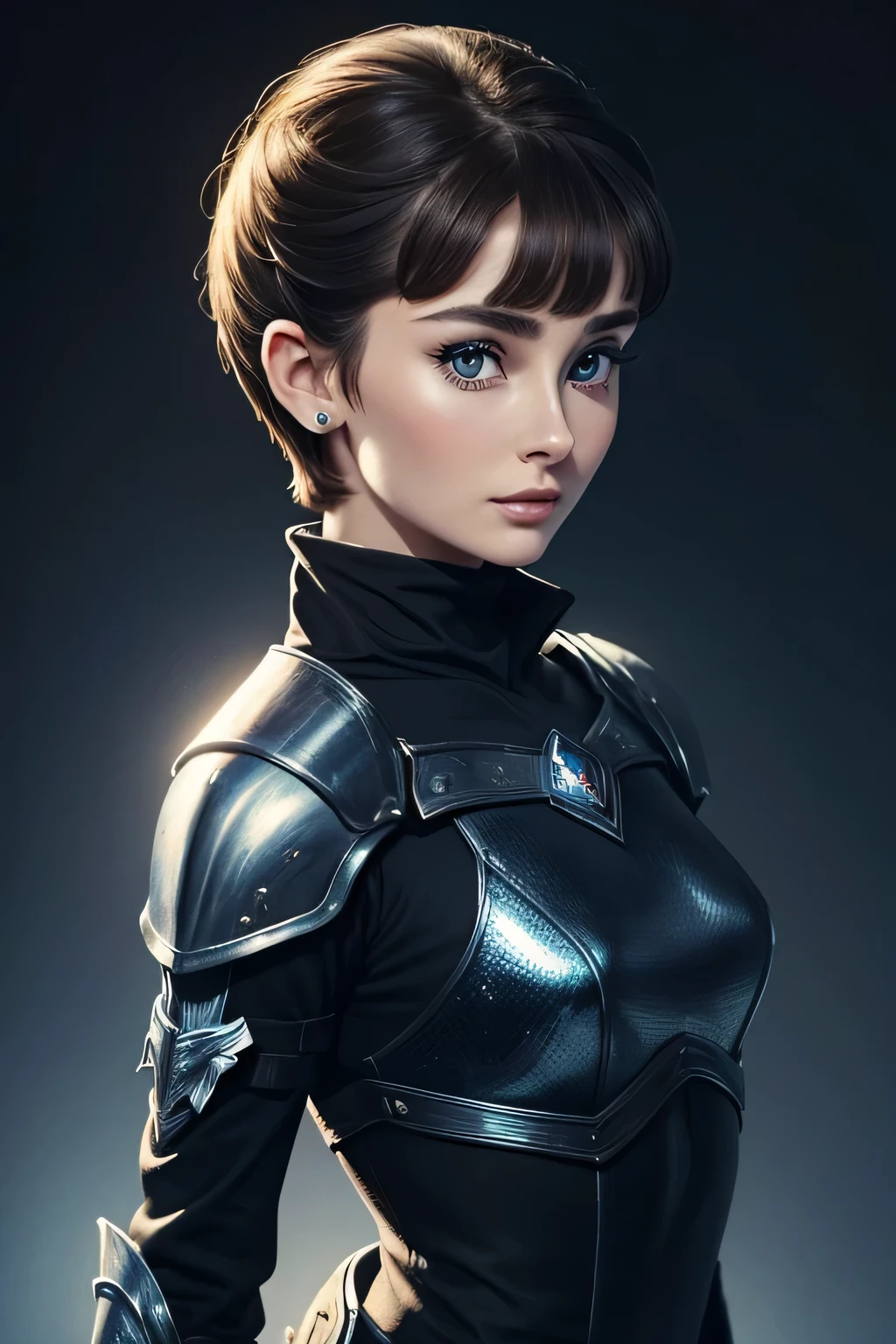 young 20 year old British girl, looks like the actress Audrey Hepburn and you can sort of see that in your cold electric-blue stare, hair on the other hand is brown pixie cut.
fully clothed, Fantasy warrior equipment, no skin revealed