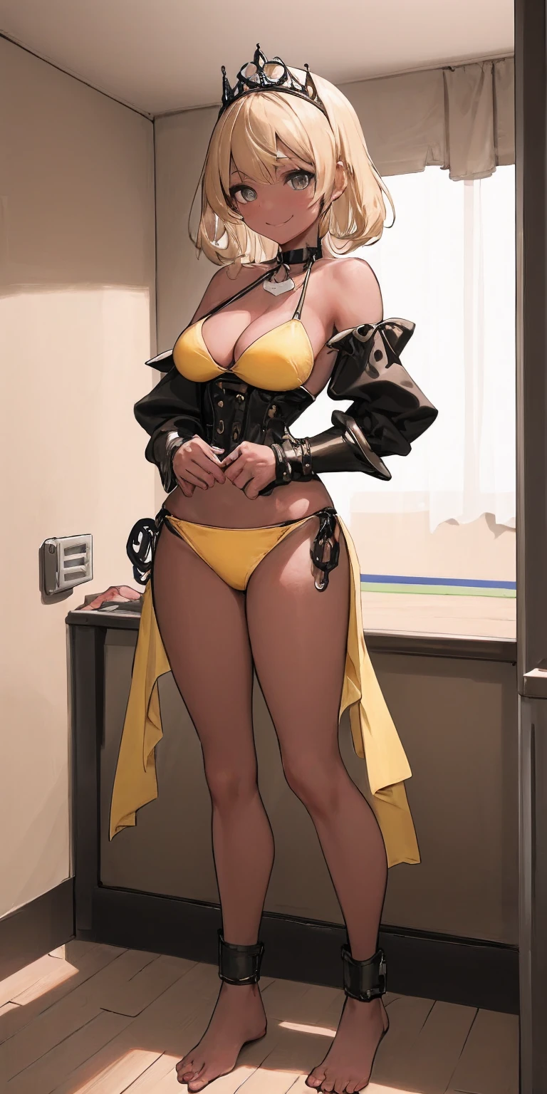 ((Masterpiece, plain background:1,2, masterpiece)) full body photo standing yellow bikini, barefoot, barehands, cleavage, leather corset, bracers, tiara, leather collar choker neck bell, shackles wristbands, short blonde messy hair, (((in the motel room))) (muscular ass) (thin waist) (very horny) (heart hands, own hands together:1), mature female Pirotess Dark skin elf, blouse, smile