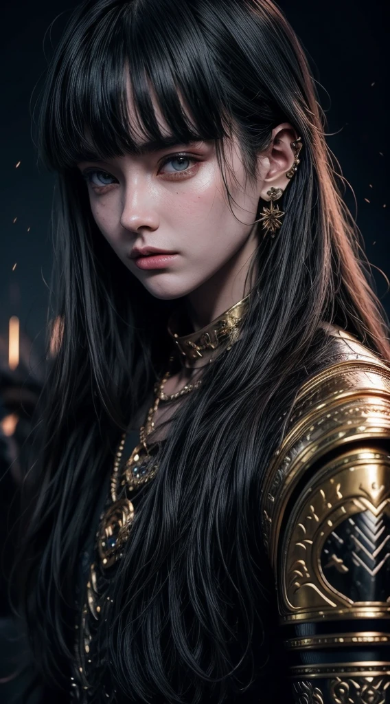 1 boy with delicate features wearing an Elden ring style RPG armor, glowing golden energy, ((long dark hair)), ((indian bangs)), (best quality,4k,8k,highres,masterpiece:1.2),ultra-detailed,(realistic,photorealistic,photo-realistic:1.37),fantasy,character art,concept art,dramatic lighting,volumetric lighting,intricate details,cinematic composition,vibrant colors,mystical,ethereal