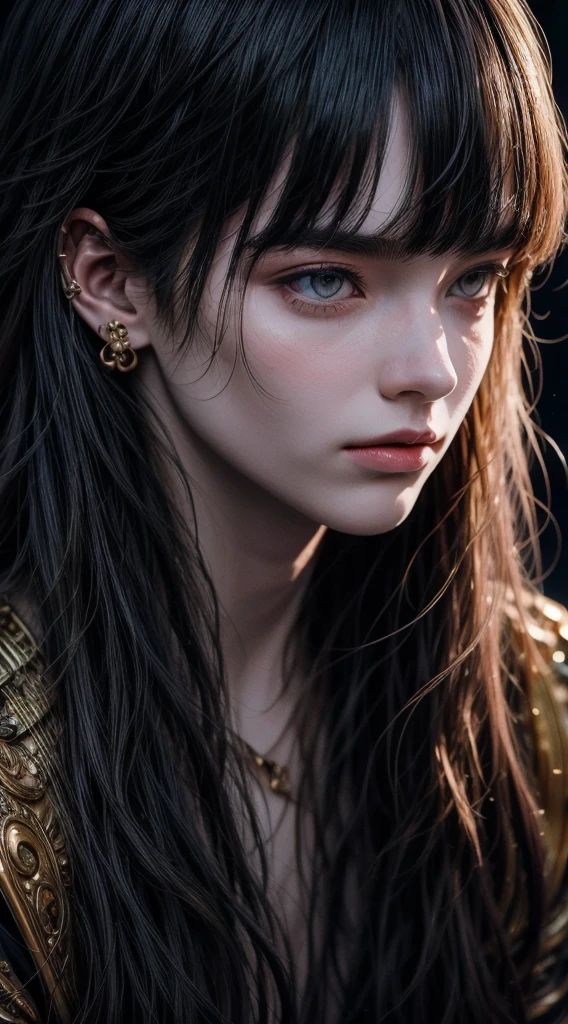 1 boy with delicate features wearing an Elden ring style RPG armor, glowing golden energy, ((long dark hair)), ((indian bangs)), (best quality,4k,8k,highres,masterpiece:1.2),ultra-detailed,(realistic,photorealistic,photo-realistic:1.37),fantasy,character art,concept art,dramatic lighting,volumetric lighting,intricate details,cinematic composition,vibrant colors,mystical,ethereal