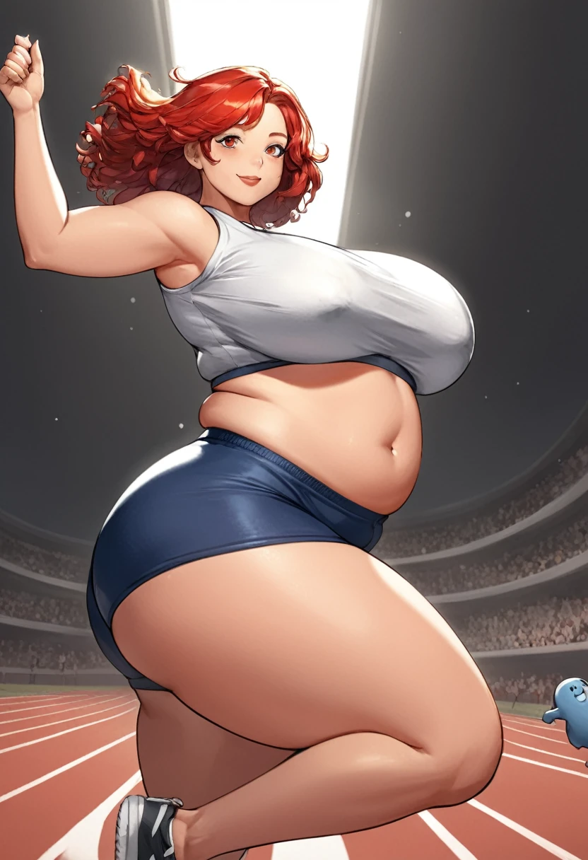 detailed illustration (side view),dynamic angle,ultra-detailed, illustration, pose for the camera, smiling at viewer, clean line art, shading, anime, detailed eyes, detailed face, beautiful face, dramatic lighting,detailed illustration, dynamic angle, ultra-detailed, illustration, 1girl, late 20’s year old, sensual face, gorgeous face,
Beautiful woman, chubby woman, the fat friend, short red hair, white shirt, white t shirt, tight shirt, blue gym shorts, short shorts, tight pants, smiling, running, in a indoor track, tall, long legs, college age woman, beautiful, plump, fat, plump arms, chubby legs, booty gym shorts, tight fitting clothes, wide hips, big butt, tiny pot belly