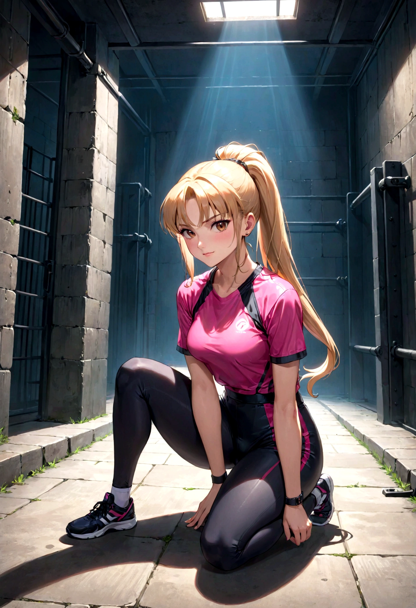 Blond Pink hair, long hair with pony tail and bangs, slicked back hair, dominant, brown eyes, dominant eyes, eye contact, arrogant, adult, thick eyebrows, evil smile, smirk, black eyeliner, sporty, tall, model, posing, dungeon, Create an intense, evocative full body in the Japanese retro anime style of the 80s and 90s of a female college student. This girl is sitting. Her attire is minimal, accentuating the curves of her body and the dramatic shadows cast by the lighting. The background is stark, with sharp contrasts highlighting the contours of her form, evoking a sense of mystery and allure. Use a consistent design with vibrant colors. The outfit should be eye-catching, suitable for a lively and energetic workout.