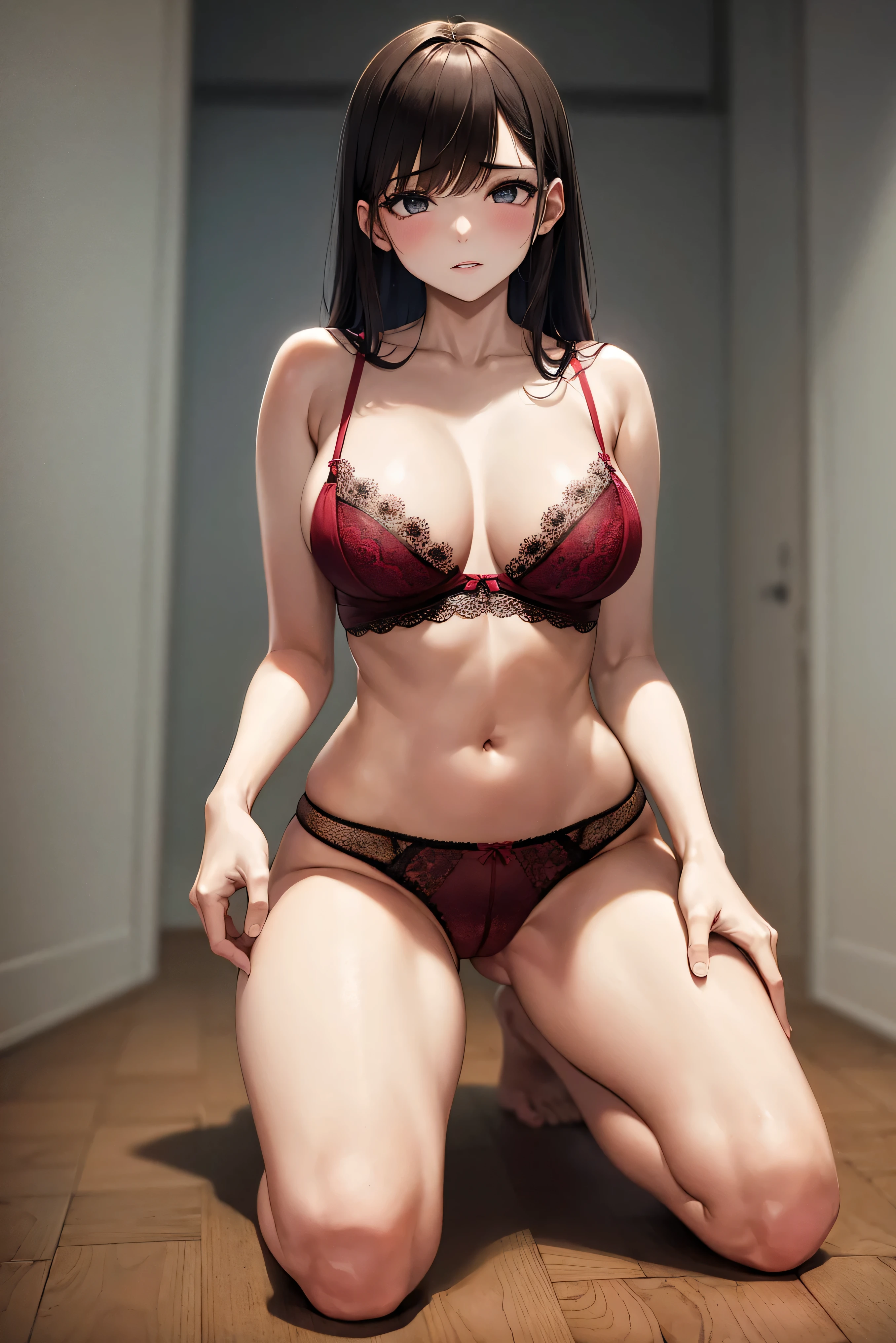(obra-prima, melhor qualidade) , , 1girl, middlebreasts, cabelo Cobre Vermelho , hipster  with lace detail and front hook , cinta de coxa, kneeling on the floor with his hands on his thighs.